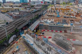The first two beams for Curzon Street station in position alongside the railway into New Street in June 2026