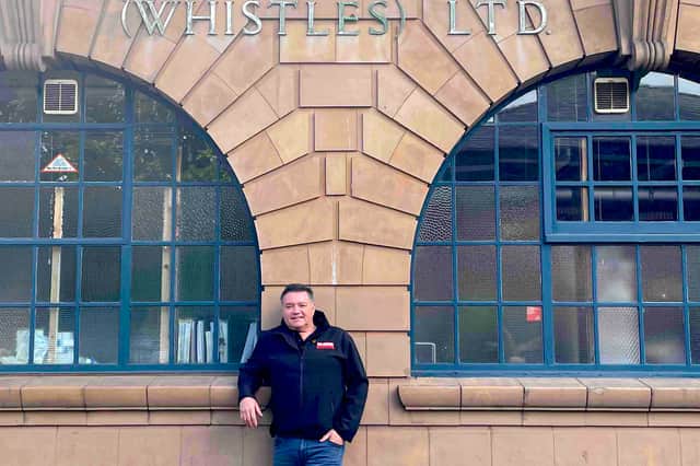 Dik Barton outside the J Hudson Acme whistle works in Birmingham's Jewellery Quarter