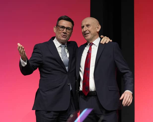 Prime Minister Andy Burnham (left) with Chancellor of the Exchequer John Healey on the main stage during the Labour Party Conference in Liverpool in September 2026