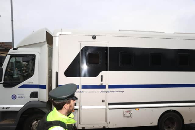 A prison van, believed to be carrying former DUP leader Jeffrey Donaldson, 63, arrives at Newry Crown Court ahead of his sentencing (Liam McBurney/PA)