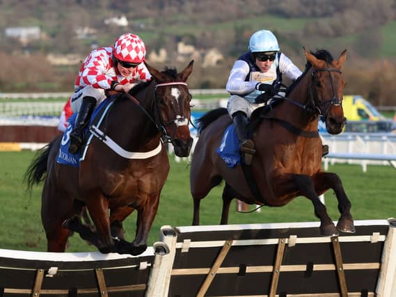 Kabral Du Mathan (right) winning the Relkeel Hurdle