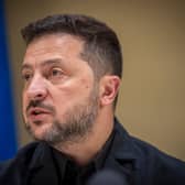 Ukrainian President Volodymyr Zelenskyy speaks to the media