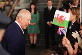 The King is greeted by school children at the ceremonial opening of the Senedd