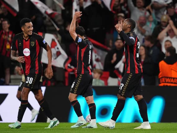 Bournemouth’s Rayan (right) celebrates scoring