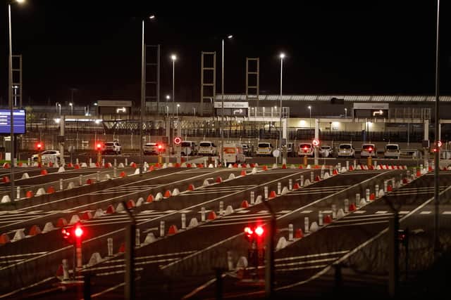 The Eurotunnel terminal site is pictured after a shuttle bus crashed into a stationary freight train inside the Channel Tunnel’s secure loading terminal in Coquelles (AP Photo/Jean-Francois Badias)