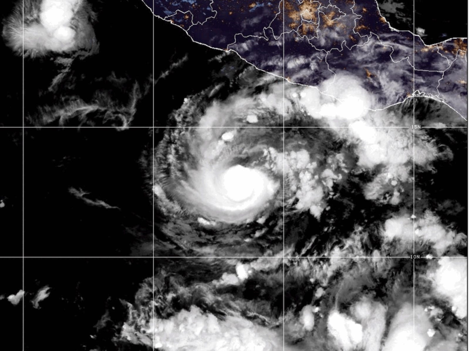 This GOES-19 GeoColor satellite image provided by the National Oceanic and Atmospheric Administration (NOAA) and taken on Thursday, Oct. 15 2026, shows Hurricane Trudy in the Pacific