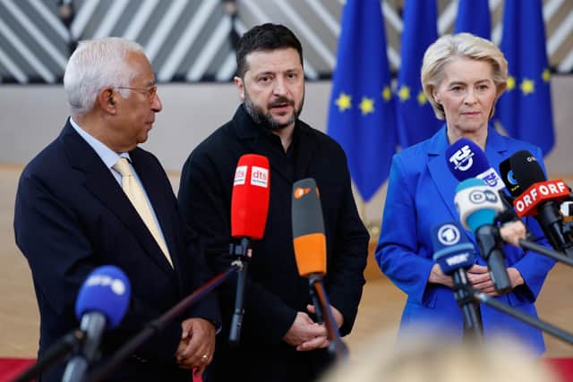 European Council President Antonio Costa, Ukraine’s President Volodymyr Zelensky and European Commission President Ursula von der Leyen arrive for the EU summit at the European Council building in Brussels on Friday (Geert Vanden Wijngaert/AP)