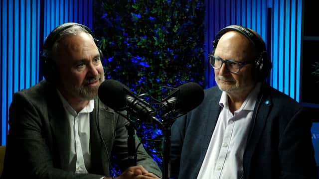 Johnathan Dudley, right, with Martin De Ridder, managing director of Ansons Law, on the law firm’s Legally Sound podcast