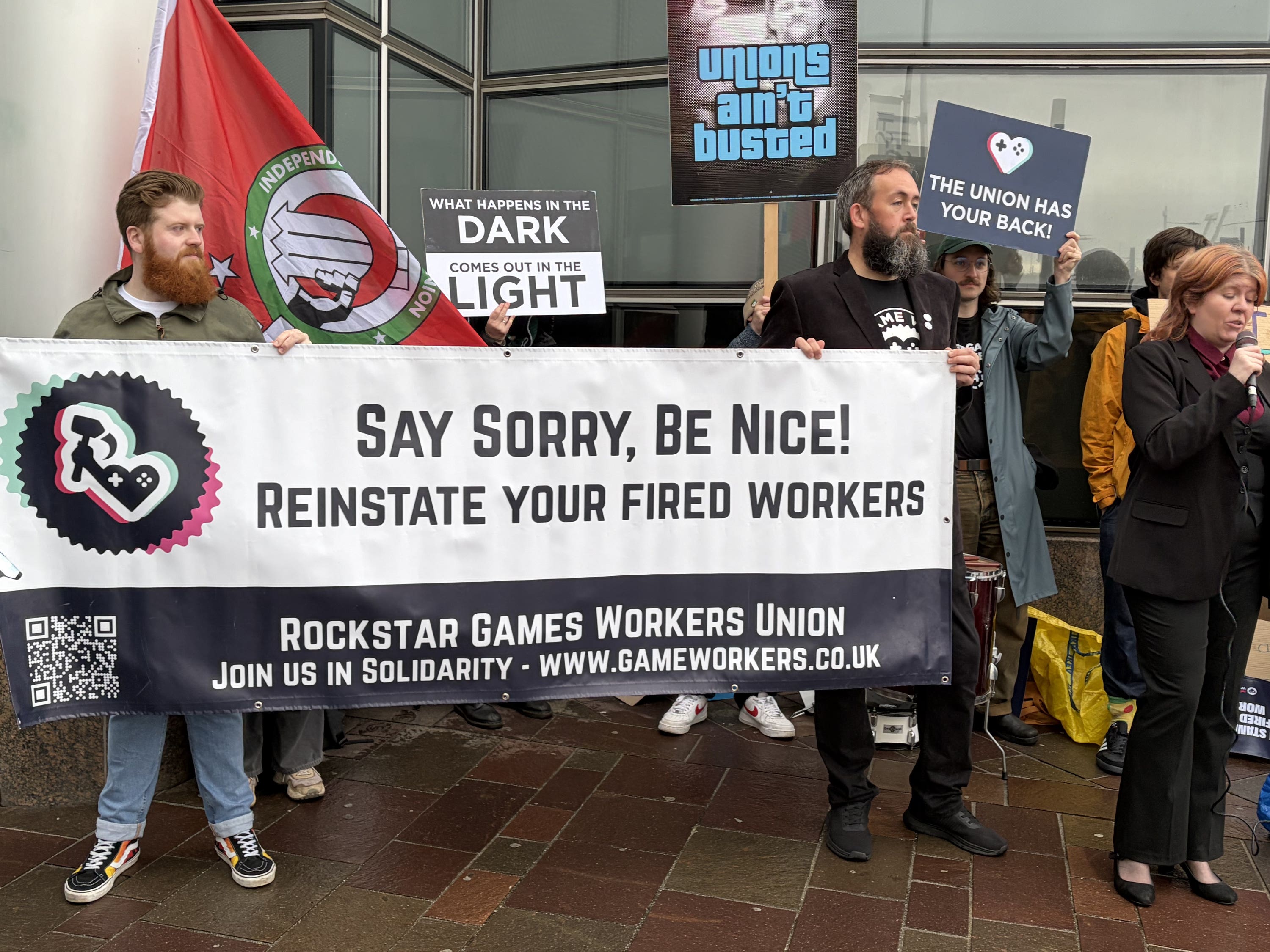 Former Rockstar workers protesting outside the employment tribunal