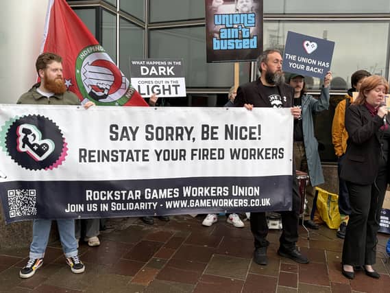 Former Rockstar workers protesting outside the employment tribunal