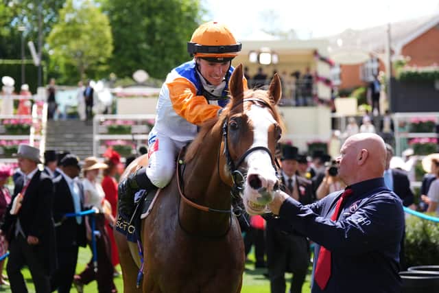 Ten Bob Tony and jockey Kieran Shoemark in the winner’s enclosure after winning the Queen Anne Stakes (John Walton/PA)