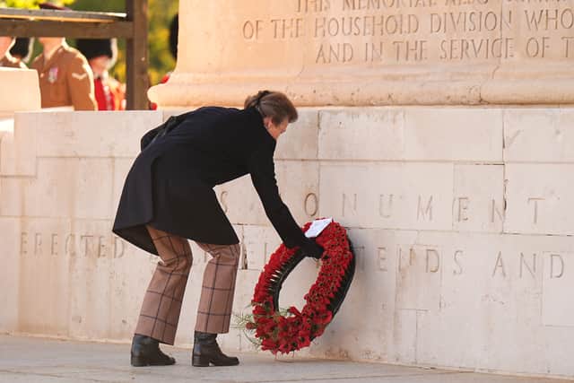Anne lays a wreath at the rededication of the Guards Memorial (Aaron Chown/PA)