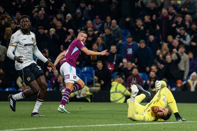 Jamie Vardy scored his first Burnley goal, firing across goalkeeper Jose Sa and into the far corner.