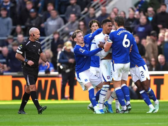 Tempers fray between Chelsea’s Morgan Rogers and Everton’s James Tarkowski,