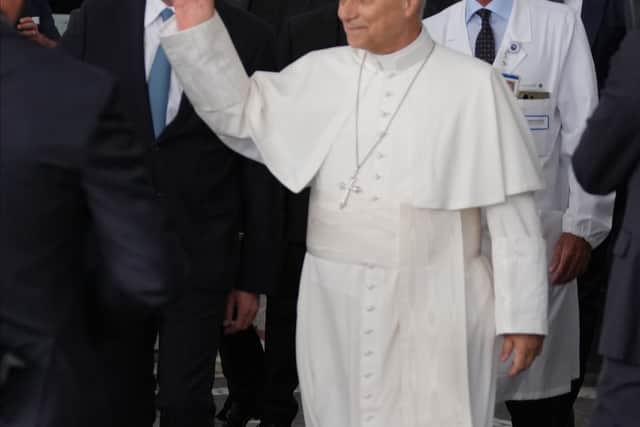 Pope Leo XIV, followed by surgeon Stefano Margaritora, leaves Rome’s Agostino Gemelli Polyclinic after Tuesday’s surgery to remove lung cancer (Andrew Medichini/AP)