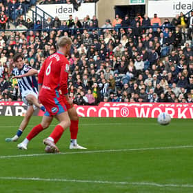 Barney Stewart tucks away his first Baggies goal against Blackburn on Saturday.