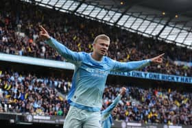 Erling Haaland celebrates his second goal against Ipswich