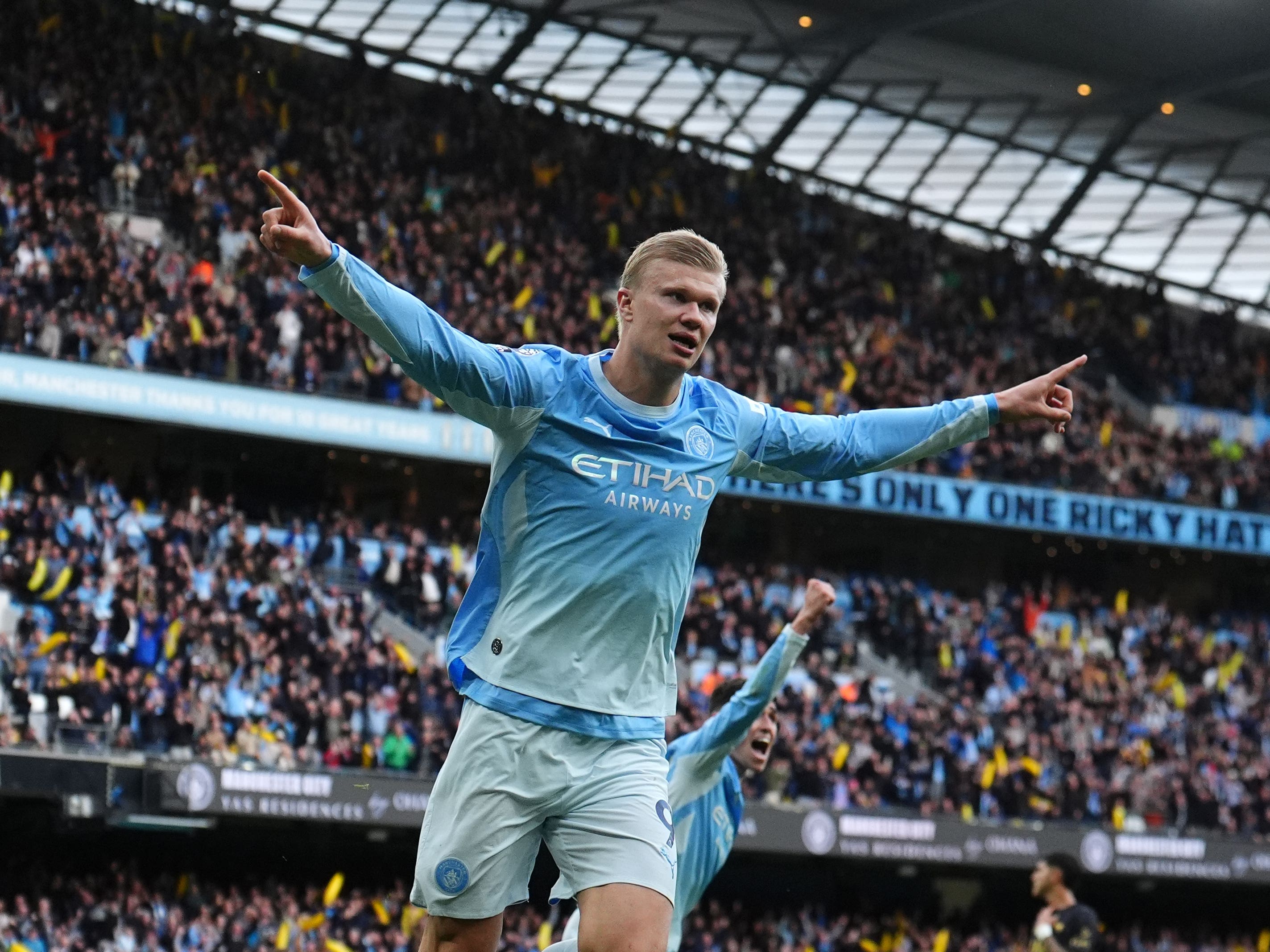 Erling Haaland celebrates his second goal against Ipswich