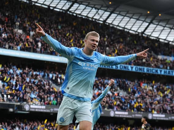 Erling Haaland celebrates his second goal against Ipswich