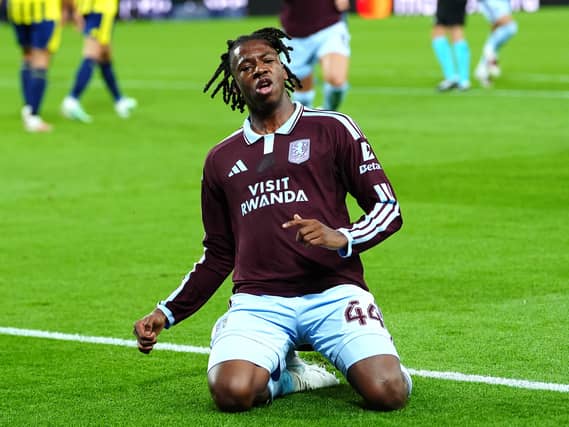 Aston Villa’s Johan Manzambi celebrates his goal against Newcastle