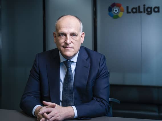 Javier Tebas in front of LaLiga's logo