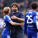 Leicester manager Russell Martin hugs Sammy Braybrooke