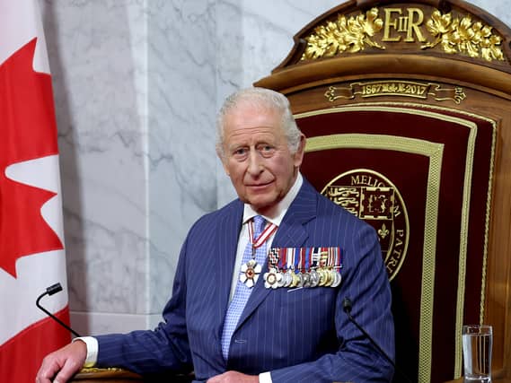 The King in the Senate Chamber at the Senate of Canada Building, Ottawa, during the State Opening of the Parliament of Canada in 2025