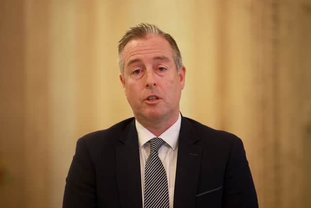 Education Minister Paul Givan speaking to the media at Stormont on Monday morning (Liam McBurney/PA)