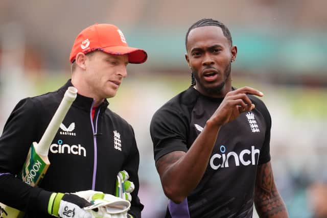 Jos Buttler, left, and Jofra Archer are missing from England’s 16-strong squad in Pakistan (Adam Davy/PA)