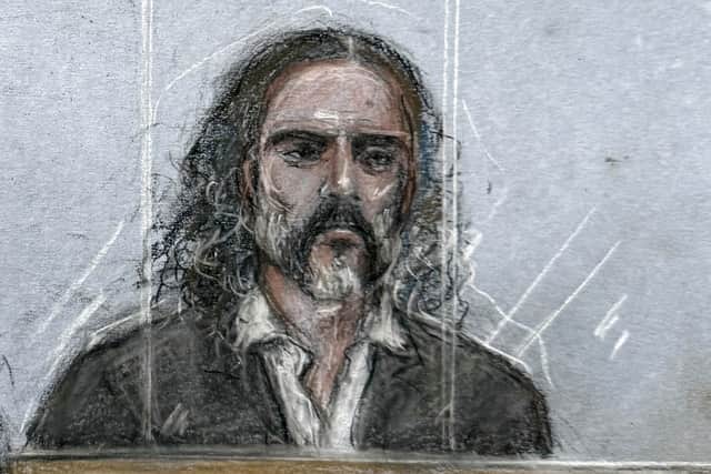 Court artist sketch of Russell Brand in court (Elizabeth Cook/PA)