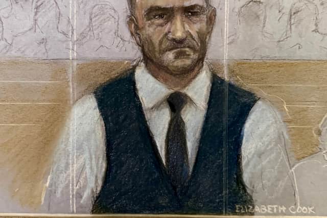 Court artist sketch by Elizabeth Cook of Tommy Robinson, whose real name is Stephen Yaxley-Lennon, appearing in the dock at Southwark Crown Court (Elizabeth Cook/PA)