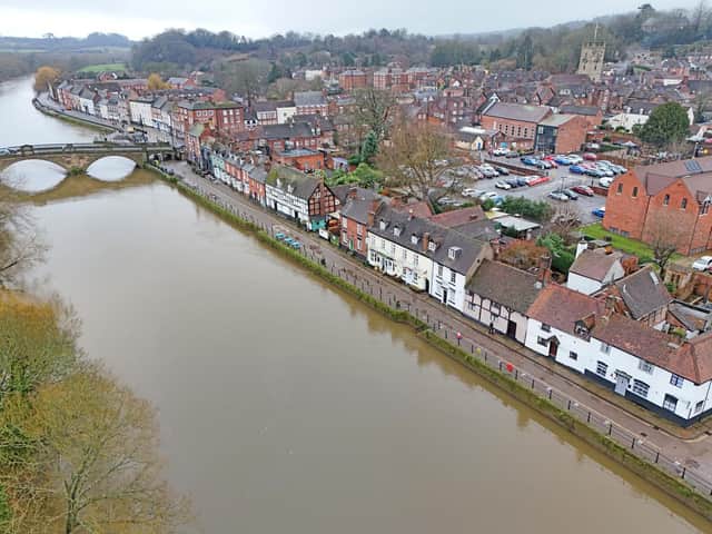 Aerial view of The Mug House Inn, Bewdley, overlooking the River Severn