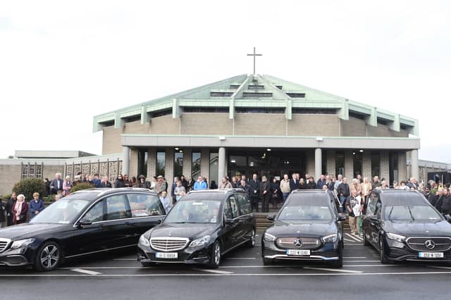 The hearses arriving arriving for the funeral of Philip and Kim English and their sons, Jayden and Callum, at the Sacred Heart Church Parish Centre, The Folly, Waterford