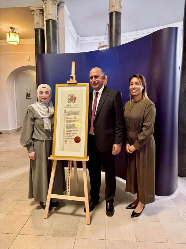 Cllrs Adeela Qayyum and Shazna Azad with Cllr Shaukat Ali as the three St Thomas's ward councillors celebrate Cllr Ali becoming a freeman of Dudley.
