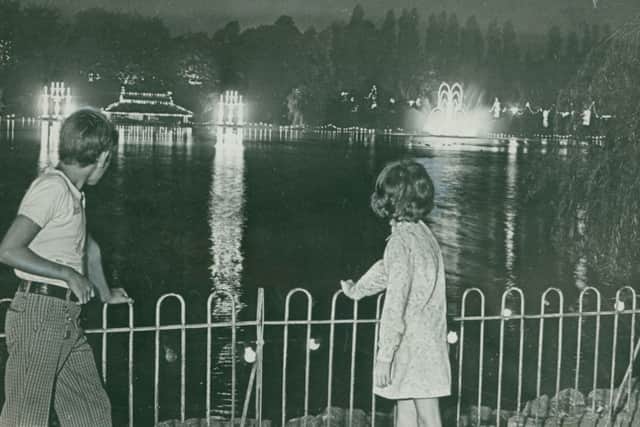 A view across Walsall Arboretum lake taken during the park’s famous illuminations display in September 1975