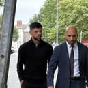 Former boxing world champion Joe Cordina with his lawyer Nadeem Majid at Cardiff Magistrates’ Court in July (Eleanor Storey/PA)