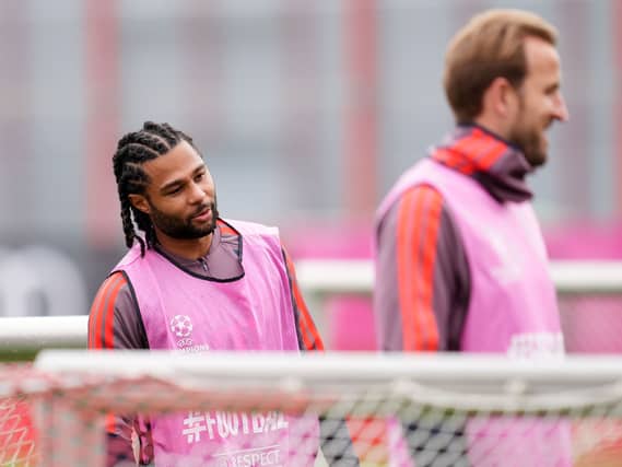 Bayern Munich’s Serge Gnabry and Harry Kane (right) during a training session