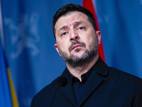 Ukrainian President Volodymyr Zelensky speaks during a press conference in Oslo, Norway