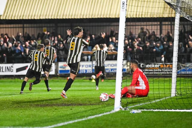Stafford Rangers celebrate scoring a third against Gateshead