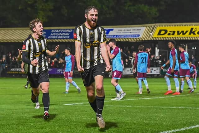 Joe Dunne celebrates scoring Stafford Rangers’ fourth goal against Gateshead