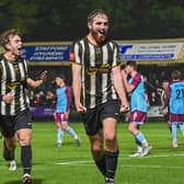 Joe Dunne celebrates scoring Stafford Rangers’ fourth goal against Gateshead 