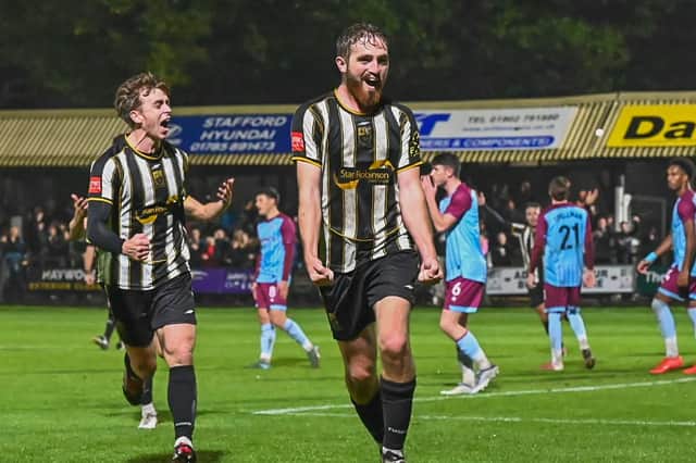 Local lad Joe Dunne celebrates scoring Stafford Rangers’ fourth goal against Gateshead