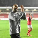 Walsall head coach Lee Grant celebrates their victory over Oldham at full-time.