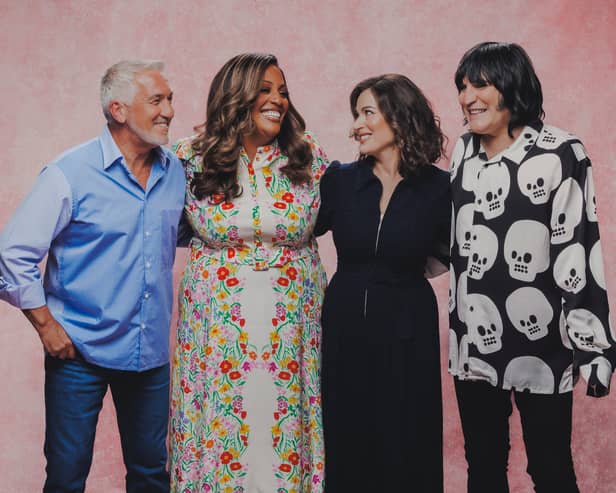 Paul Hollywood, Alison Hammond, Nigella Lawson and Noel Fielding smiling while standing in a row