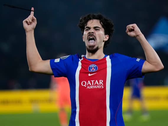 Paris St Germain's Vitinha celebrates his goal against Barcelona