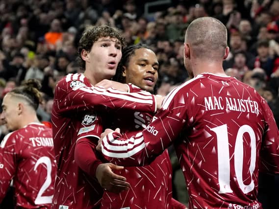 Liverpool’s Alexis Mac Allister (right) celebrates celebrates scoring their side’s third goal of the game with teammate Rio Ngumoha