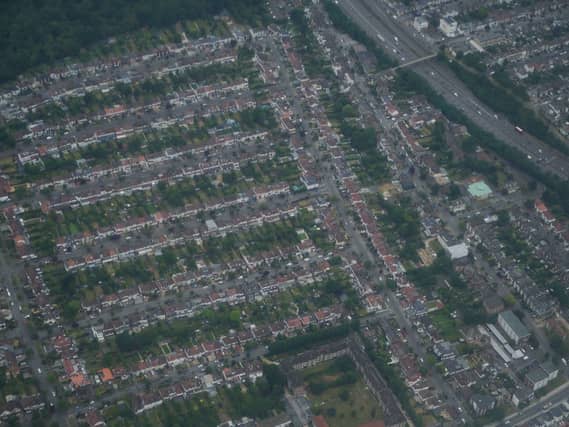 An aerial view of houses