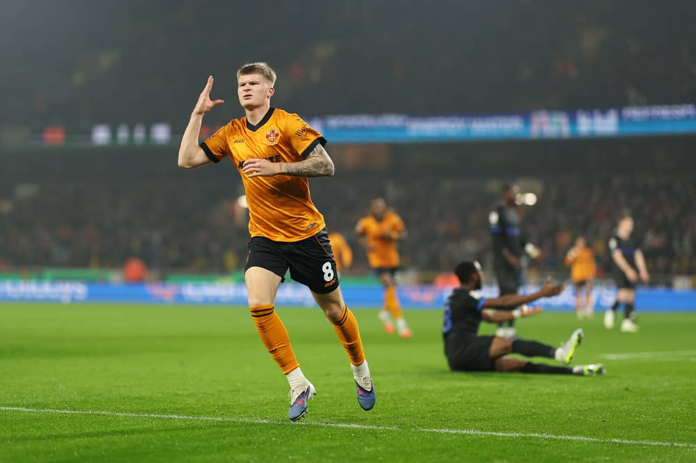 Jordan James celebrates scoring for Wolves against Portsmouth last week.