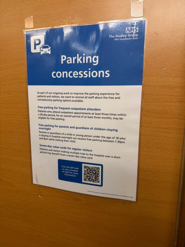 The parking concessions notice at Russells Hall Hospital