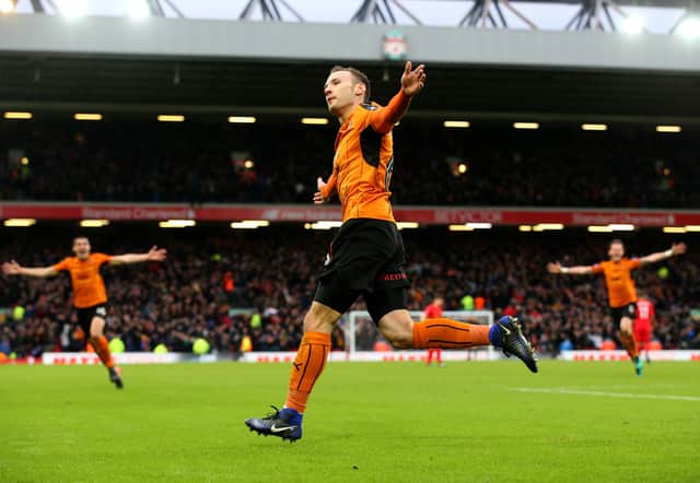 Andi Weimann celebrates his goal at Anfield
